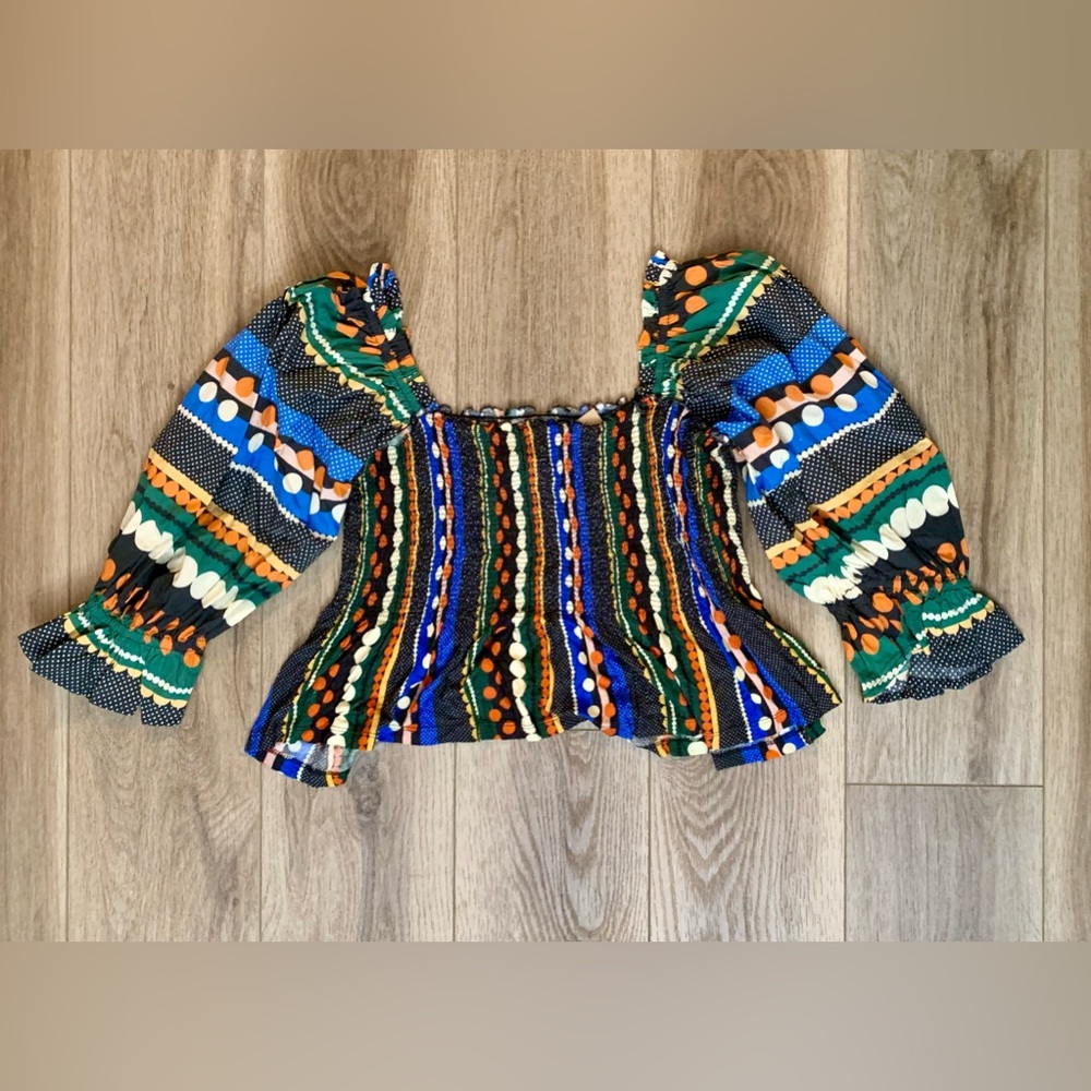 Anthropologie NWT multicolored geometric smocked top
